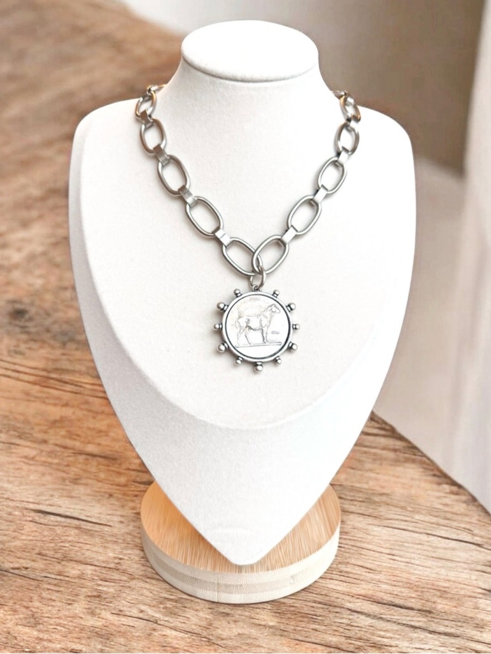 Antique Silver Link Chain with Equestrian Coin Pendant 19” - Women’s Necklace